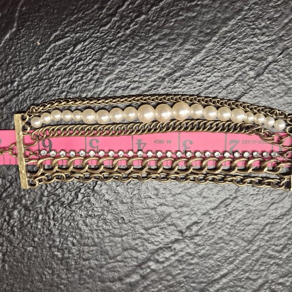 6-Strand Statement Bracelet – Brass Chains, Faux Pearls&Crystals 7" Y2K Revival - Picture 4 of 4